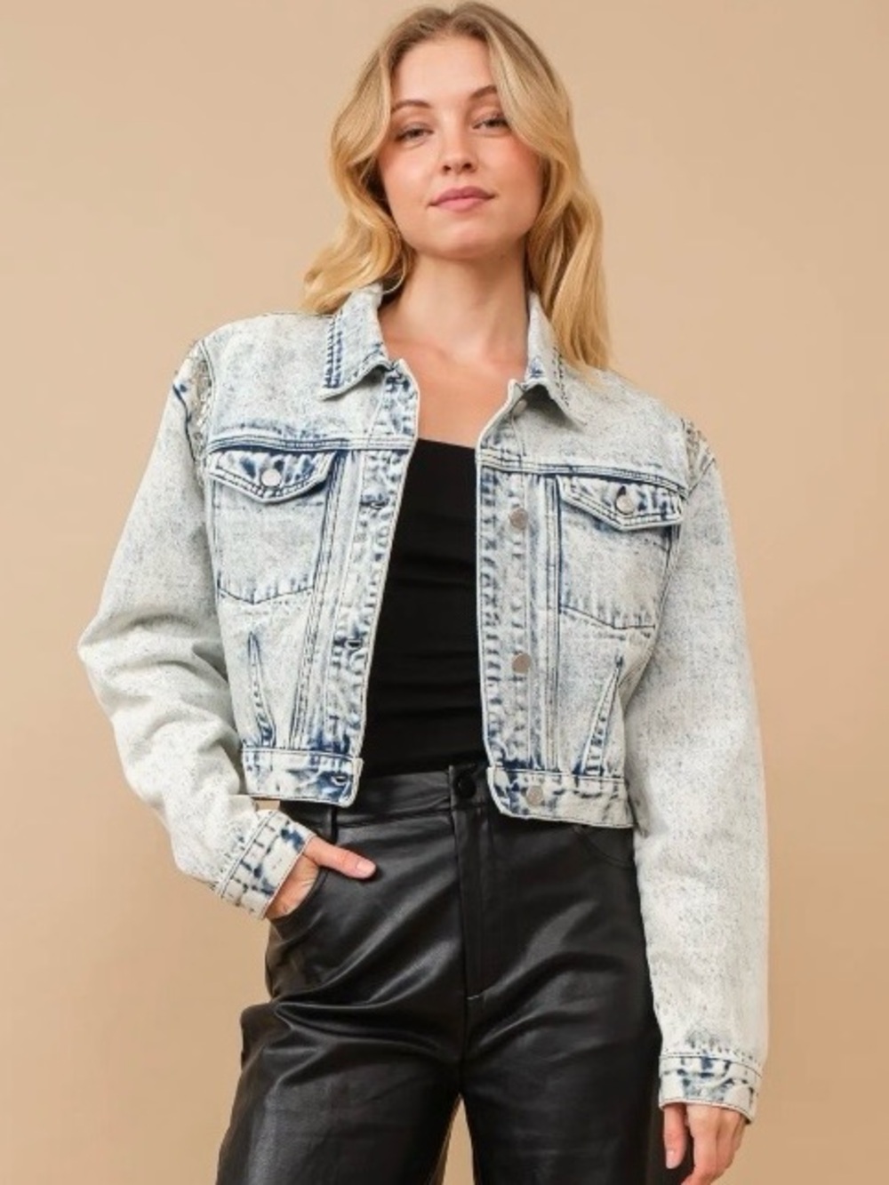 BlueB - Cropped Acid-Wash Shoulder Beading Denim Jacket